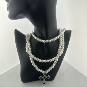 Claire's White Pearl Necklace with Silver Cross Pendant
